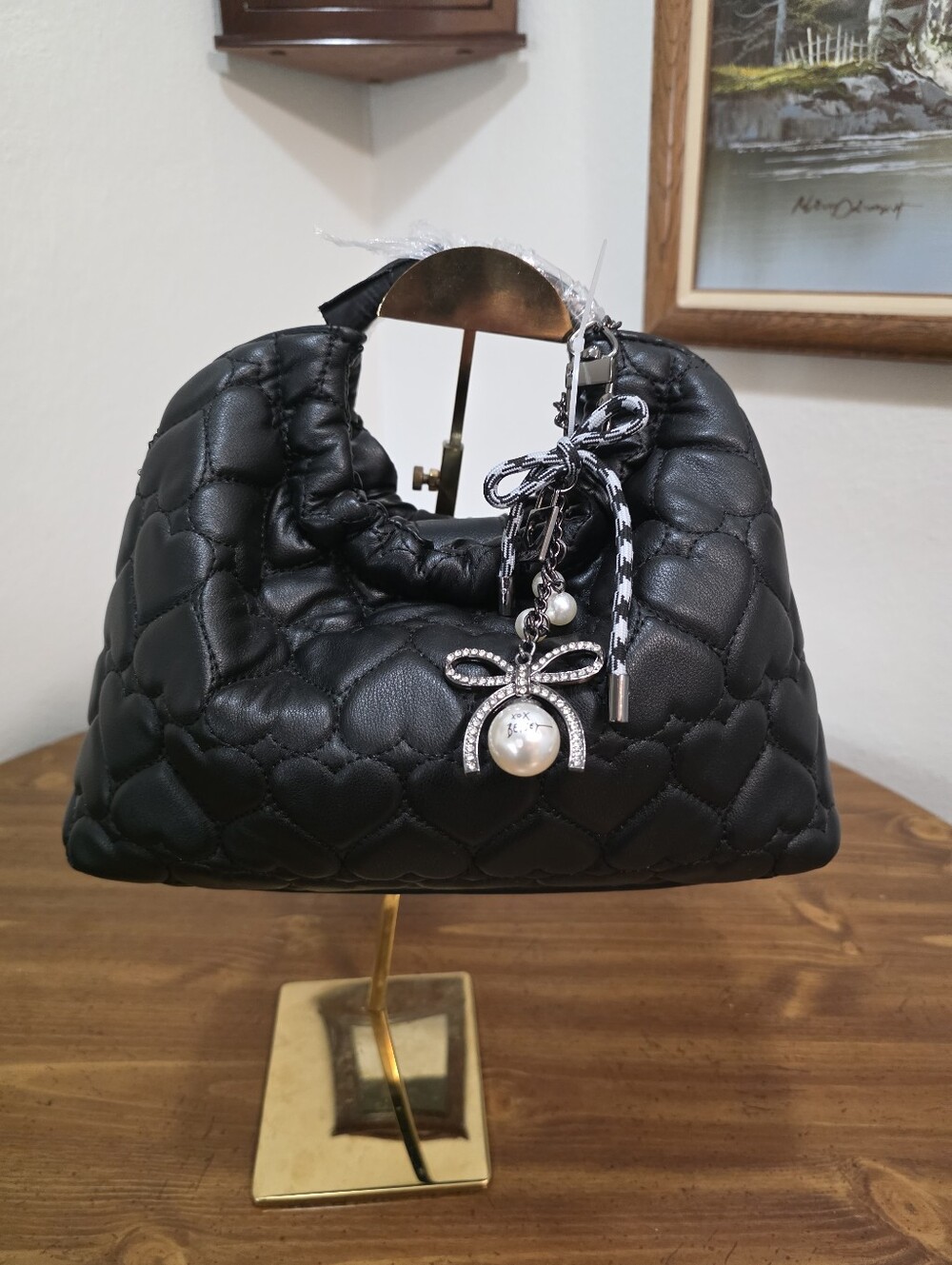 Betsy Johnson Black Quilted Dome Handbag with Pearl Bow Charm